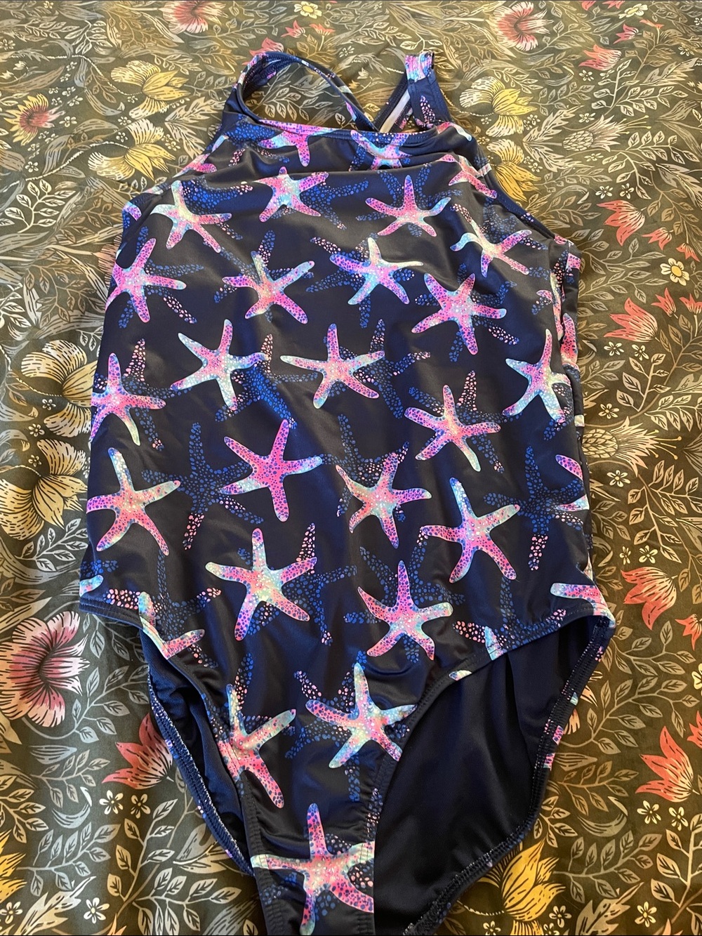 Lands' End Navy One-Piece Swimsuit with Pink & Blue Starfish